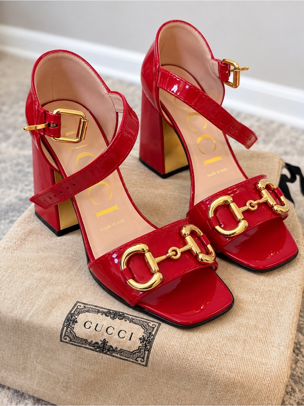 Gucci Red Patent Leather Block Heel Sandals with Gold Horsebit